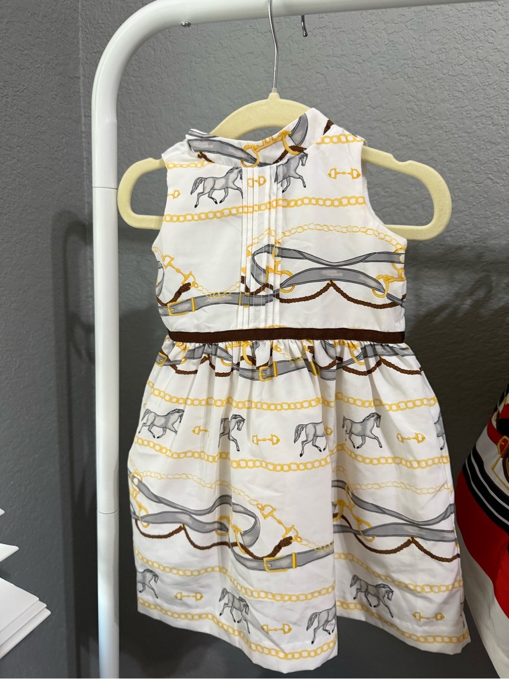 Janie and Jack White Dress with Gold, Brown, and Gray Equestrian Print